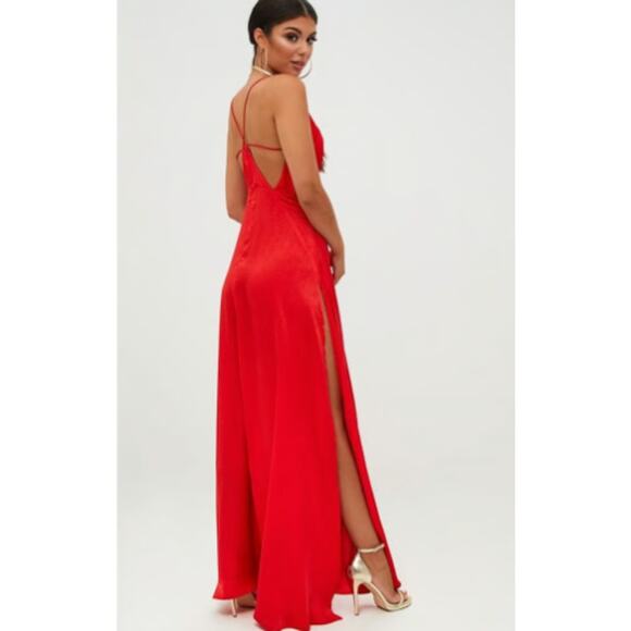 PRETTY LITTLE THING Red Strappy Back Extreme Slit Maxi Dress Size 2 - Picture 1 of 12